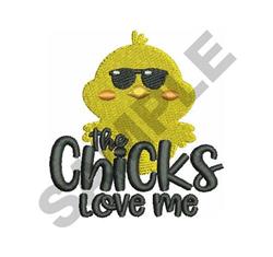 Cheerful yellow chick with sunglasses in a playful cartoon style, featuring bold text 'The Chicks Love Me' for Easter.