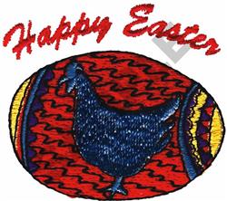 Colorful chicken on a bright red, yellow Easter egg with the words 'Happy Easter' arched above.