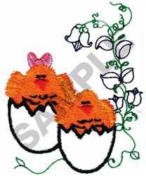 Colorful chicks peeking from white eggs with a pink bow, surrounded by green vines, perfect for Easter.
