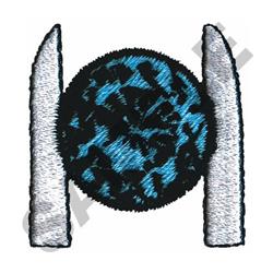 Symbolic design featuring a modern circular element in turquoise and black, accentuated by white elongated shapes.