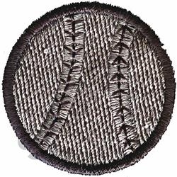 Circular patch with a black border, textured gray background, and contrasting text detail, ideal for casual use.