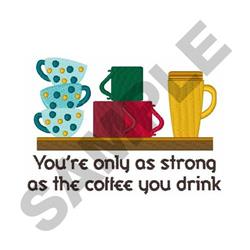 Playful coffee mugs stacked on a wooden shelf, featuring a cheerful quote, adding colorful charm to kitchen decor.