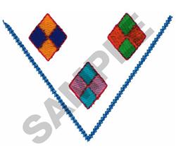 Vibrant decorative diamonds in a V-pattern with unique colors and a playful blue line, perfect for embroidery.