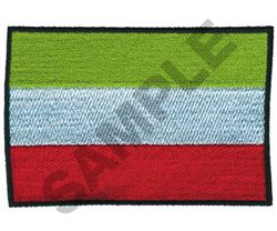 Colorful rectangular patch featuring four horizontal stripes in green, light blue, darker blue, and bold red, framed by a nav