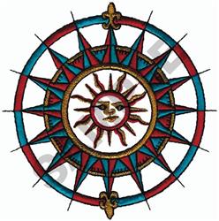 Detailed compass with a sun motif, featuring vibrant red and blue colors, surrounded by intricate compass needles.