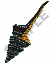 Realistic cone shell in black with vibrant orange and green highlights, showcasing detailed textures.