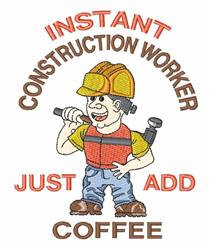 Cartoon construction worker in a bright yellow hard hat and safety vest, holding tools. Humorous text adds charm.