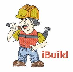 Cartoon construction worker with hard hat and tools, smiling cheerfully next to 'iBuild' text, playful design.