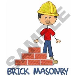 Cartoon construction worker with a cheerful expression next to a stack of red bricks, wearing a yellow hard hat.