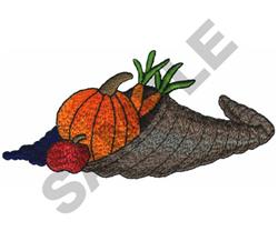 Cornucopia design featuring vibrant pumpkin, red apple, and green beans, perfect for Thanksgiving kitchen decor.