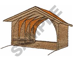 Realistic embroidery of a covered structure showcasing a three-dimensional orange roof and textured brown supports.