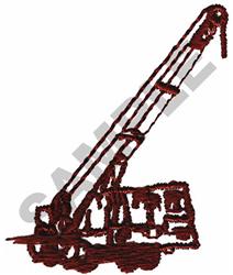 Simple line drawing of a crane silhouette in dark red, featuring an elongated arm and minimal details.