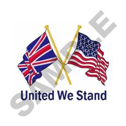 Crossed flags of the UK and US with vibrant colors and 'United We Stand' text, celebrating unity on Independence Day.