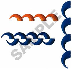 Curved embroidery elements in modern geometric style feature alternating orange and blue curves, creating a rhythmic pattern.
