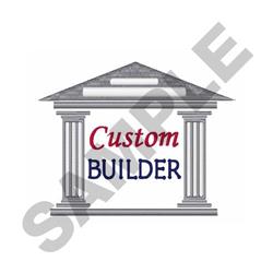 Modern building structure with bold columns and triangular roof, featuring contrasting text 'Custom' and 'BUILDER'.