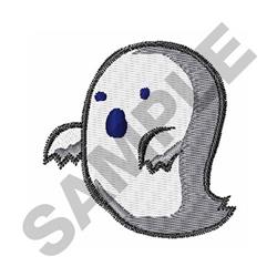 Cute ghost with white body and playful gray outline, featuring blue eyes and mouth. Perfect for Halloween-themed applique.