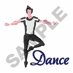 Dancer in pink and black attire strikes a dynamic pose with flowing blue text 'Dance' below, perfect for embroidery.