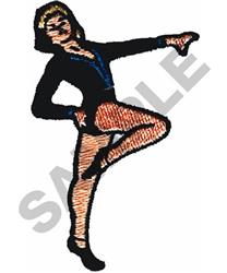 Cartoon dancer in a dynamic pose, wearing a black and blue costume, showcasing vibrant movement.