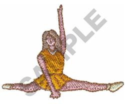 Dancer in a vibrant yellow dress performing a split, showcasing playful elegance in motion.