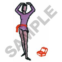 Applique dancer in a vibrant purple outfit with a red belt and black shoes, striking a playful pose.