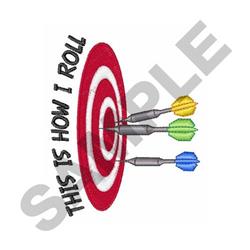 Dartboard game with a vibrant red and white target, colorful blue, green, and yellow darts, and playful text above.