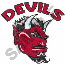 Fierce devil character with horns, detailed facial features, bold red color, and black outlines. Ideal for jackets.