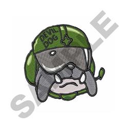 Cartoon gray dog wearing a green military helmet with 'DEVIL DOG' text, in a playful design style.