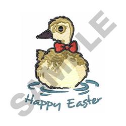 Playful duck floating on water with a red bow tie and 'Happy Easter' text, colorful design for festive decor.