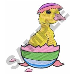 Cheerful yellow duckling peeking from a vibrant multi-colored egg, with broken shell pieces, perfect for Easter.