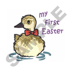 Whimsical duckling with a red bow tie, floating on pastel water for Easter celebrations.