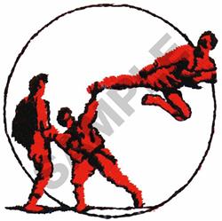 Bold design featuring two dynamic red figures in action within a black circular outline, showcasing movement.