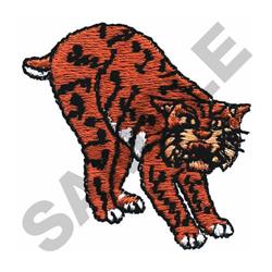 Colorful cat in a dynamic stretch pose, featuring orange fur with black spots and white accents in detailed stitching.