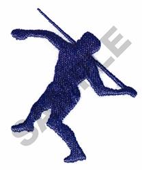 Dynamic silhouette of a figure in motion holding a spear, created in sleek dark blue for athletic wear.
