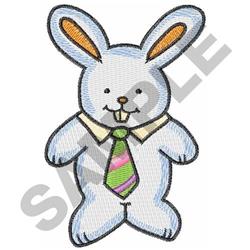 Cartoon rabbit with light blue fur and orange-tipped ears, wearing a white shirt and colorful tie for Easter.