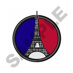 Eiffel Tower patch featuring a bold black outline, vibrant blue and red sections, in a modern graphic style.
