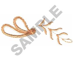 Elegant decorative embellishment featuring a flowing loop shape and delicate leaf motifs in warm gold.