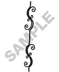 Decorative scroll element in black thread features intricate swirls and curves for elegant fabric embellishment.