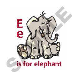 Playful elephant in shades of gray with large ears next to a bold red letter E and 'is for elephant' text.
