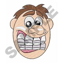 Playful cartoon face with an exaggerated grin and wide eyes, featuring brown hair and distinct outlines.