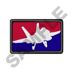 Fighter jet in white outlined against bold red and blue background, ideal for military themes.