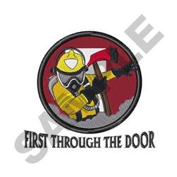 Cartoon firefighter in yellow gear with axe on red circular patch, bold and dynamic design.