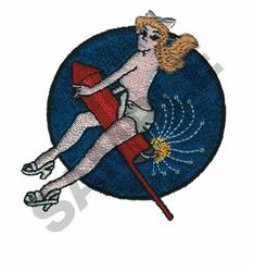 Vintage pin-up female figure on a red firework rocket against a blue background, celebrating Independence Day.