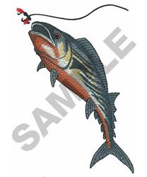 Realistic fish in vibrant shades of blue and orange, with a fishing hook hovering above, ideal for outdoor themes.
