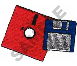 Cartoonish floppy disk design with a bold red square and blue-gray tones, perfect for playful vintage themes.