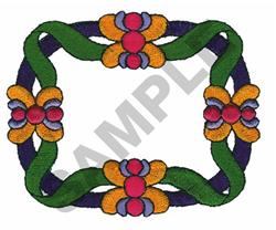 Vibrant floral frame with bright orange and purple flowers entwined with green vines, cheerful design for home decor.