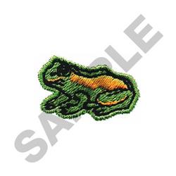 Playful frog design in vibrant green with orange details and black outline, ideal for kids' items.