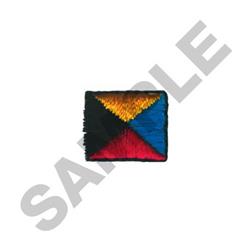 Embroidered geometric patch featuring a bold square design with vibrant yellow, red, blue, and black sections.