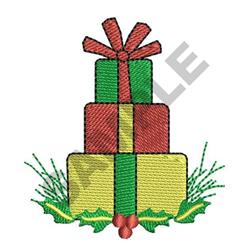 Colorful stack of gift boxes for Christmas featuring red, green, and yellow boxes with holly leaves and berries.
