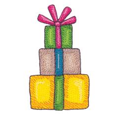 Colorful stack of gift boxes with green, brown, and yellow boxes topped by a pink bow, perfect for the holiday season.