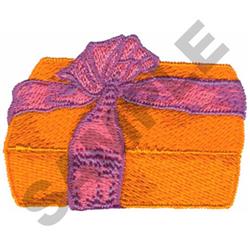 Colorful gift box in vibrant orange with a purple ribbon bow, perfect for festive occasions.